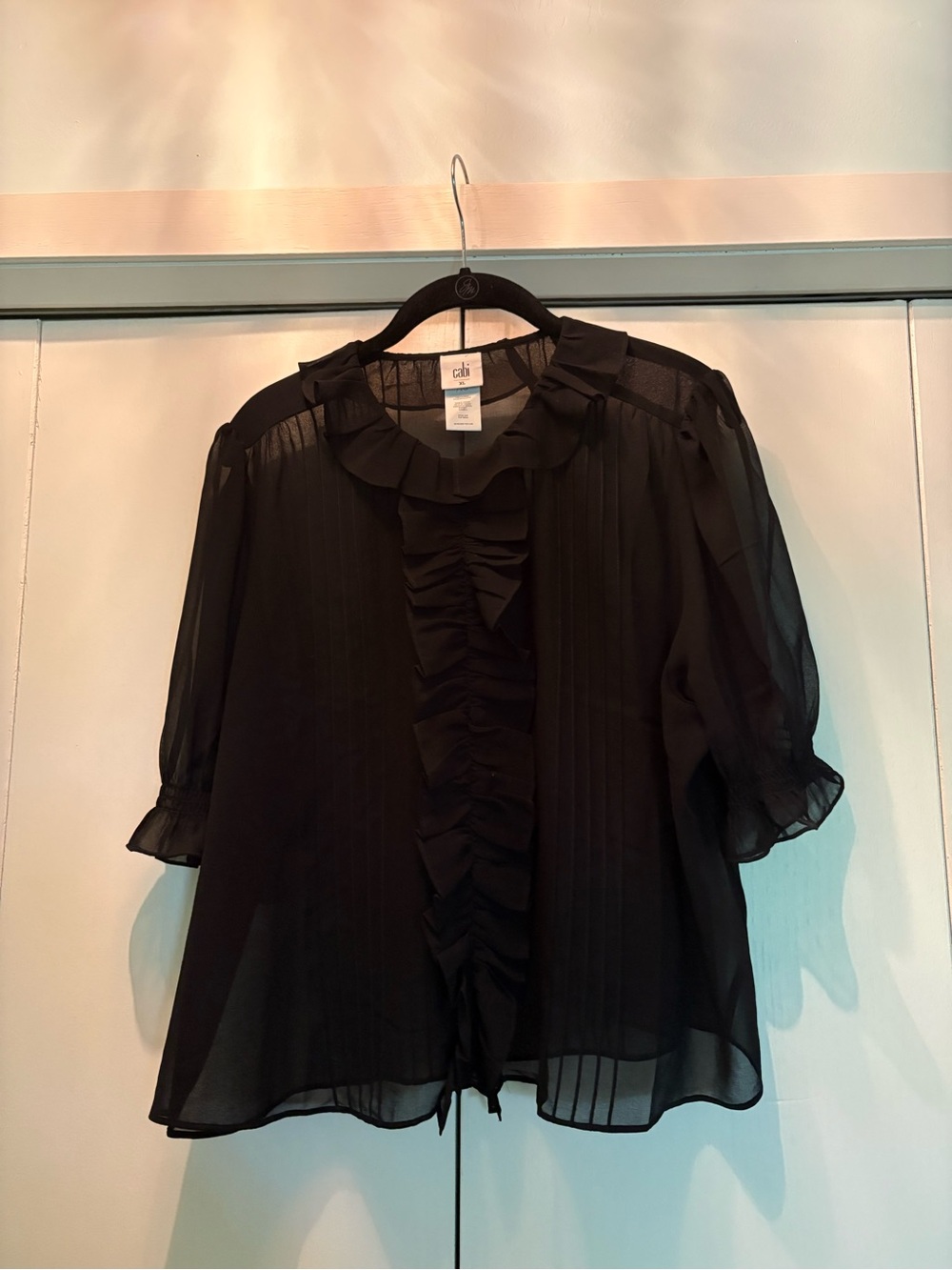 CAbi Black Ruffle Pintuck Semi-Sheer Blouse